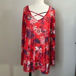 La Vie en Rose Mesh Sheer Red Floral Cover Up Sz M